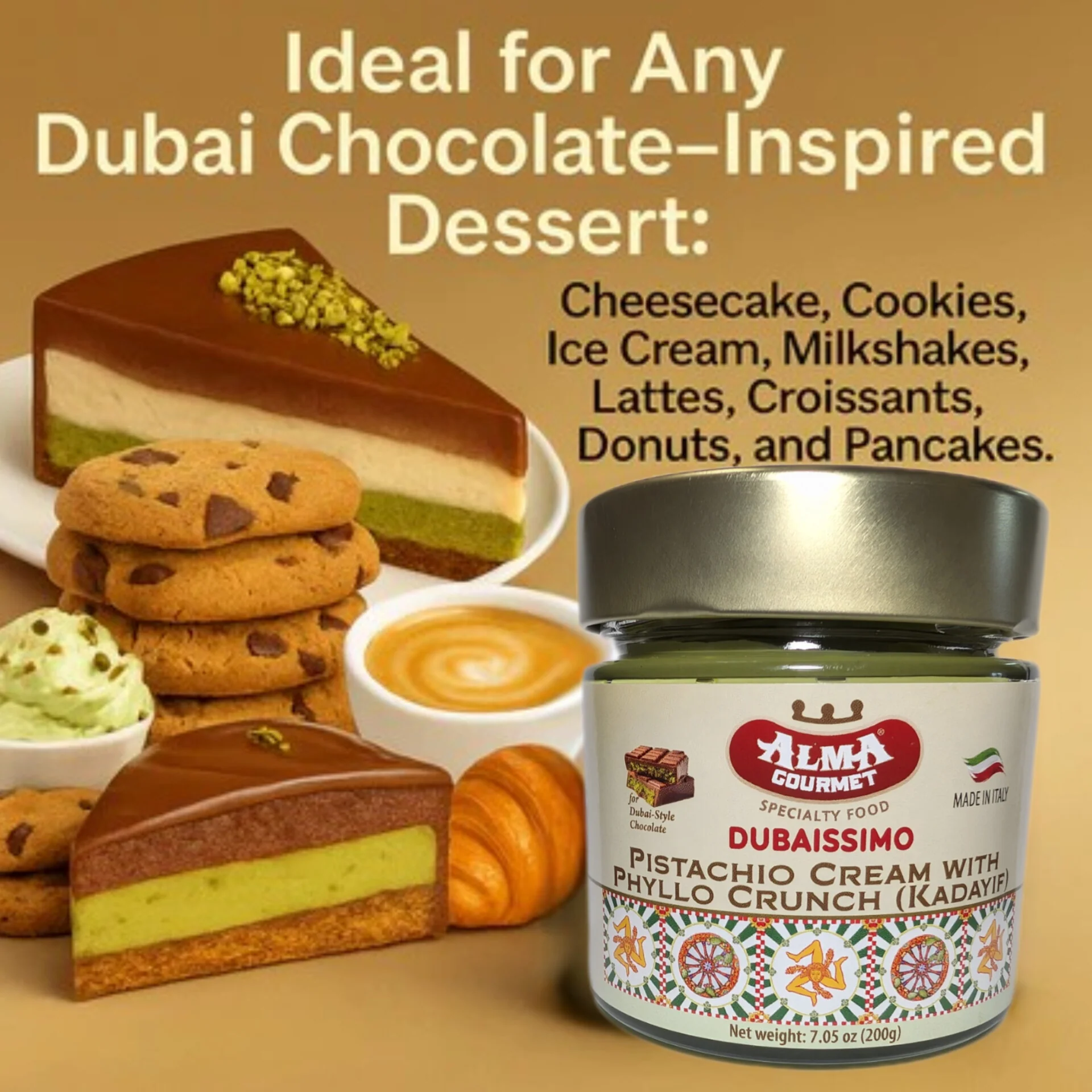 Dubaissimo Pistachio Cream Alma Gourmet - Pistachio Cream with Phyllo Crunch (Kadayif) - Image 4